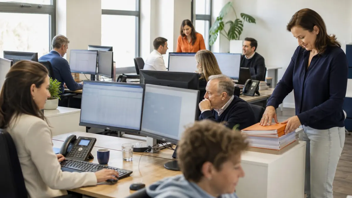 A normal Wednesday morning: accountants at their desks with dual monitors showing Excel and Exact Online, while the office manager sorts a fresh stack of client folders.