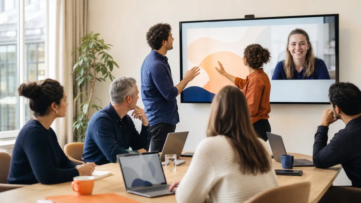 Training day on Zoom: the client's team is at their own workplace on a Zoom call, with two accountants building a reconciliation automation in Copilot on a large screen while colleagues take notes on laptops, and the consultant visible on a video screen.