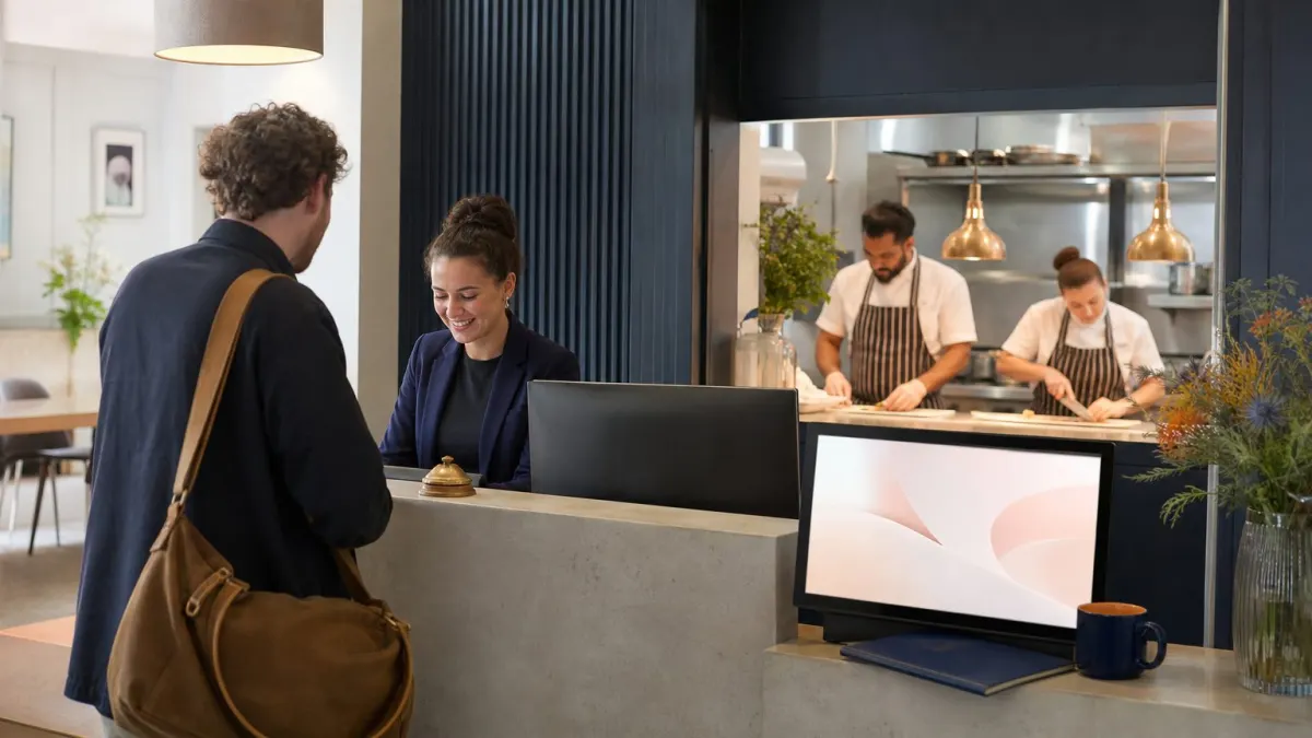 A Monday morning at The Thistle & Thorn: a front desk agent greets a guest while a Copilot-drafted email sits ready for review on the second screen. In the kitchen, chefs work from AI-generated prep cards.