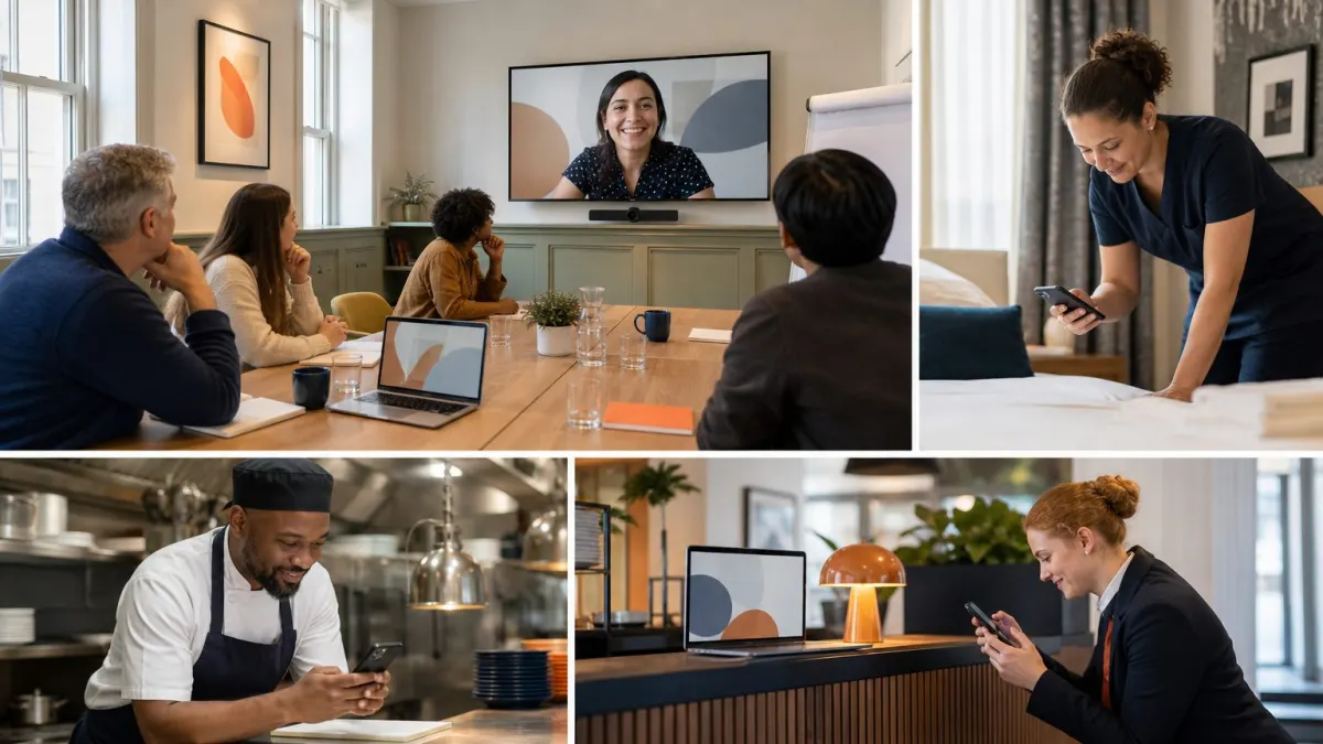 During the live training session on Zoom, the whole team gathers at their own workplace around laptops and phones, building their own AI assistants while the consultant guides them from a screen.