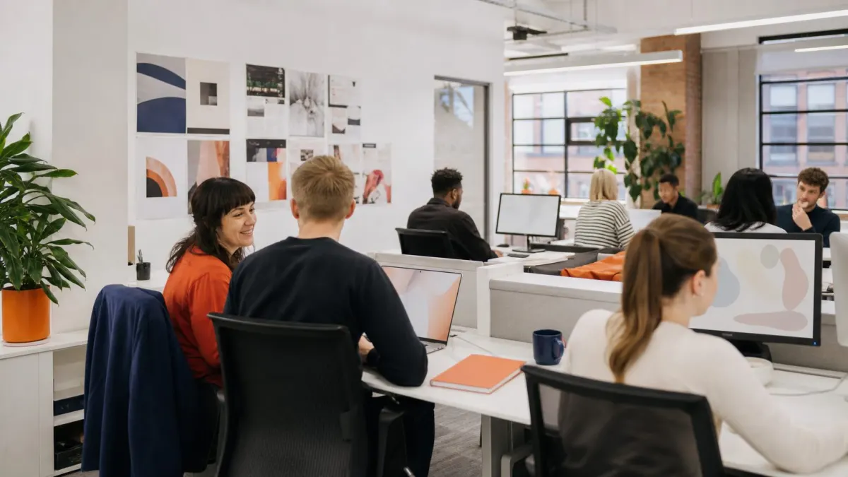 A normal day at Juniper & Hay: designers at work, client decks on screen, samples and moodboards on the wall.