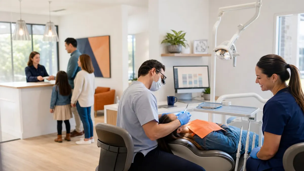 A calm, sunlit dental office in Austin: a dentist with a patient in the chair while a dental assistant smiles nearby, and in the background, the front desk team talks with a family at check-in. The Eaglesoft screen shows the day's schedule, and a Weave phone sits on the counter.