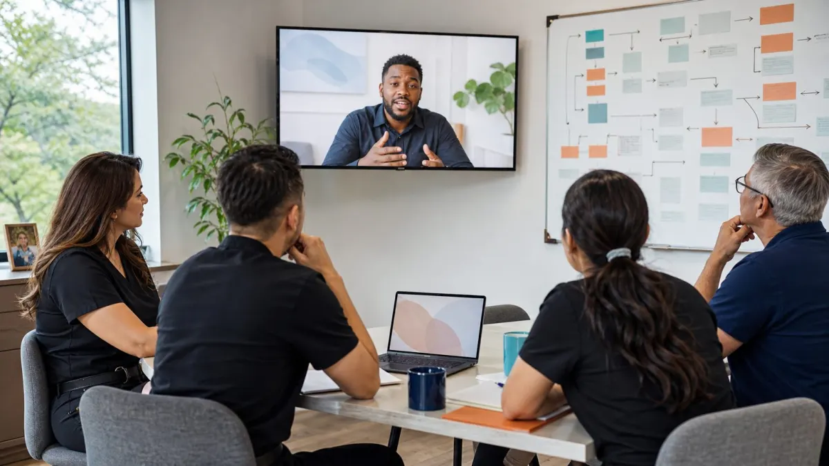 On a Zoom call, Dr. Laura Chen and three team members are at their own workplace, practicing prompts while a consultant from Complete AI Business is visible on a screen showing Microsoft Copilot. Sticky notes with workflow ideas cover the whiteboard.