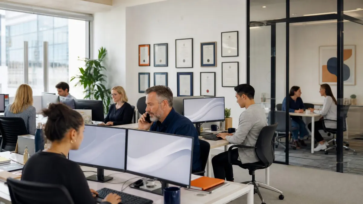 A typical morning at Bayview Insurance Brokers: brokers on calls with clients, admin managing schedules, and a whiteboard tracking renewals.