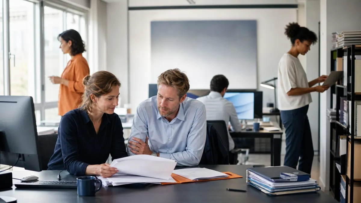 A normal working day at Vandermeer & Peeters: two lawyers review a contract at a desk while a paralegal organises case files.