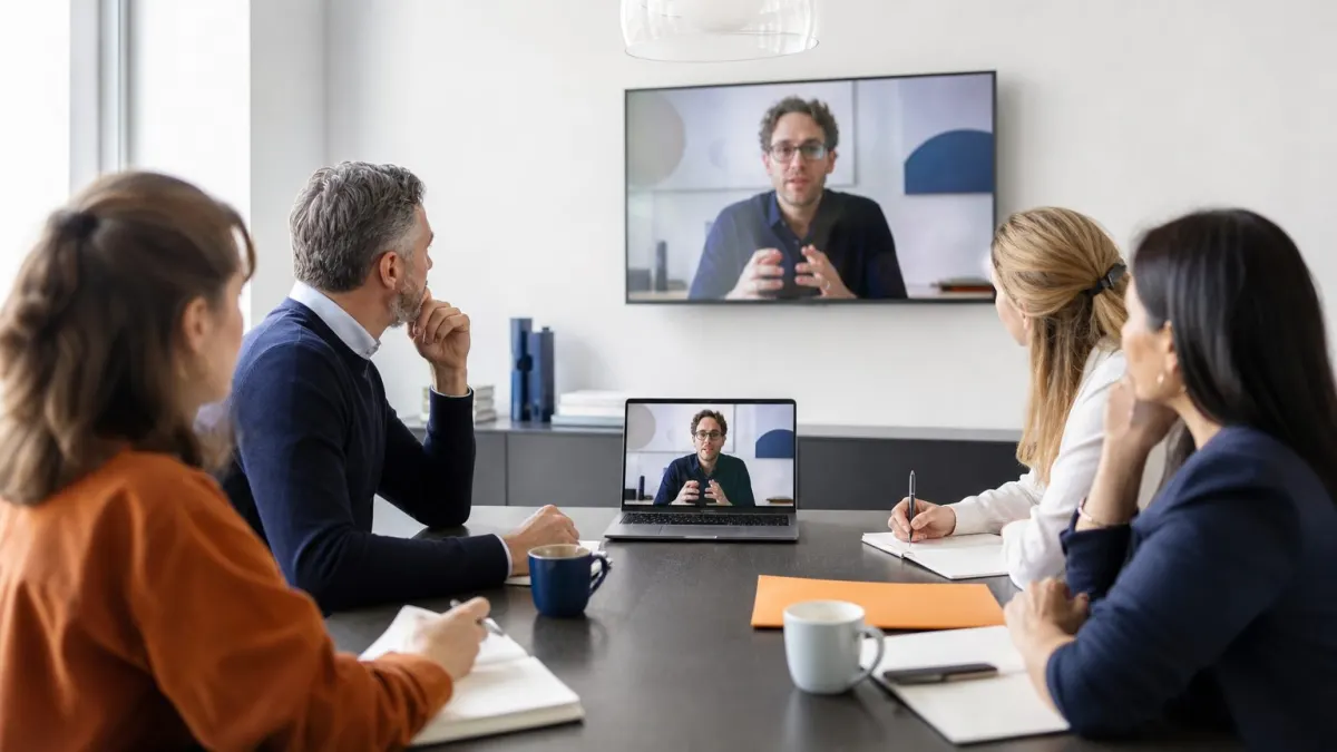 Client team at their own workplace on a Zoom call, with the Complete AI Business consultant visible on screen.