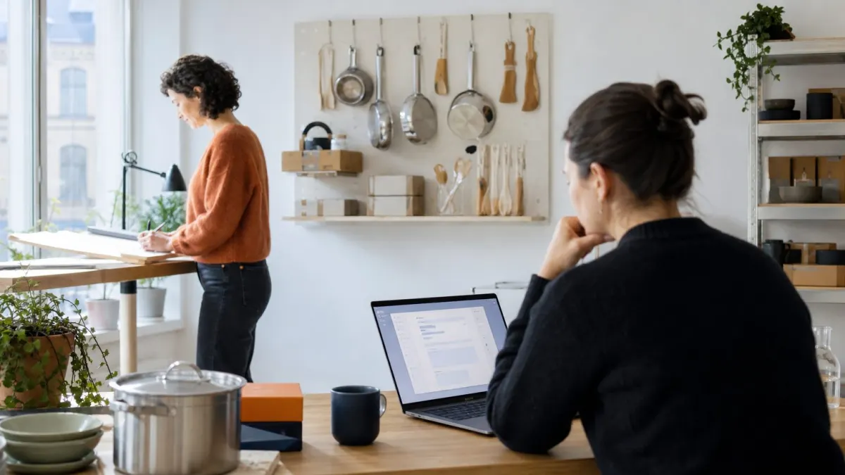 A Tuesday morning at EcoCulinar's Copenhagen office: Maja sketches a spoon design at her standing desk while a customer support agent reviews AI-drafted emails on her laptop, sample pots and packaging all around.