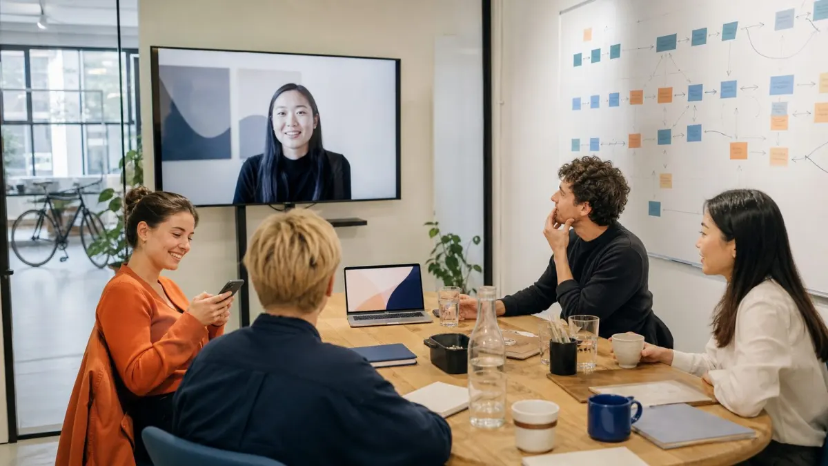The Complete AI Business consultant leads the live Day 7 workshop on a Zoom call. The client's team is at their own workplace, with the consultant visible on a screen showing Gemini's interface, while three employees take notes and one tests a prompt on her phone.