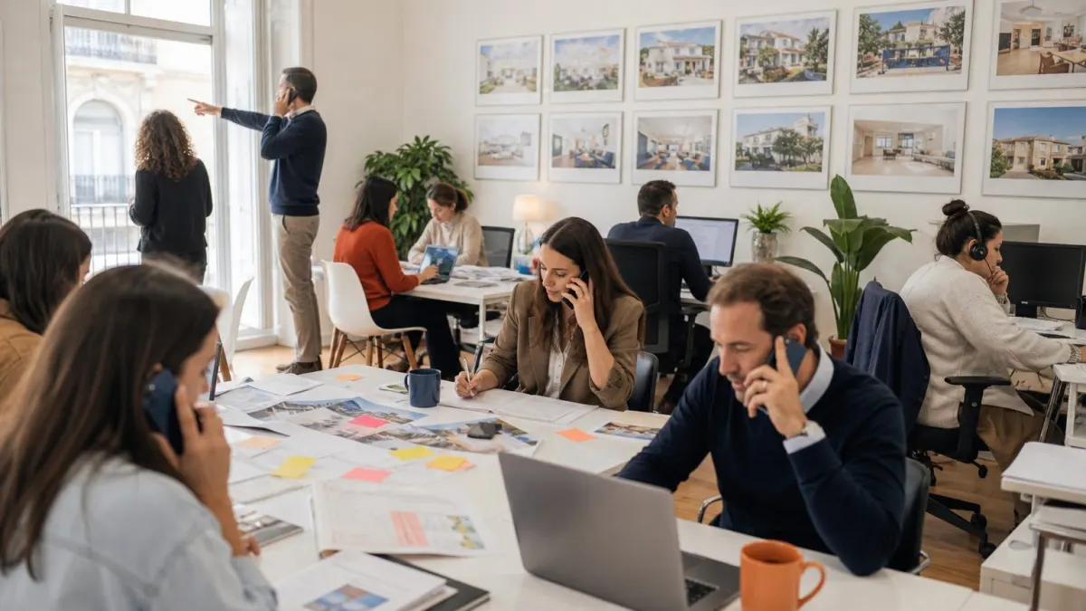 A Tuesday morning at LarViva’s office off Avenida da Liberdade. Three agents are on calls with buyers, while another stands at the window pointing out a neighbourhood to a landlord on speakerphone. Post-it notes and property flyers cover a central table.