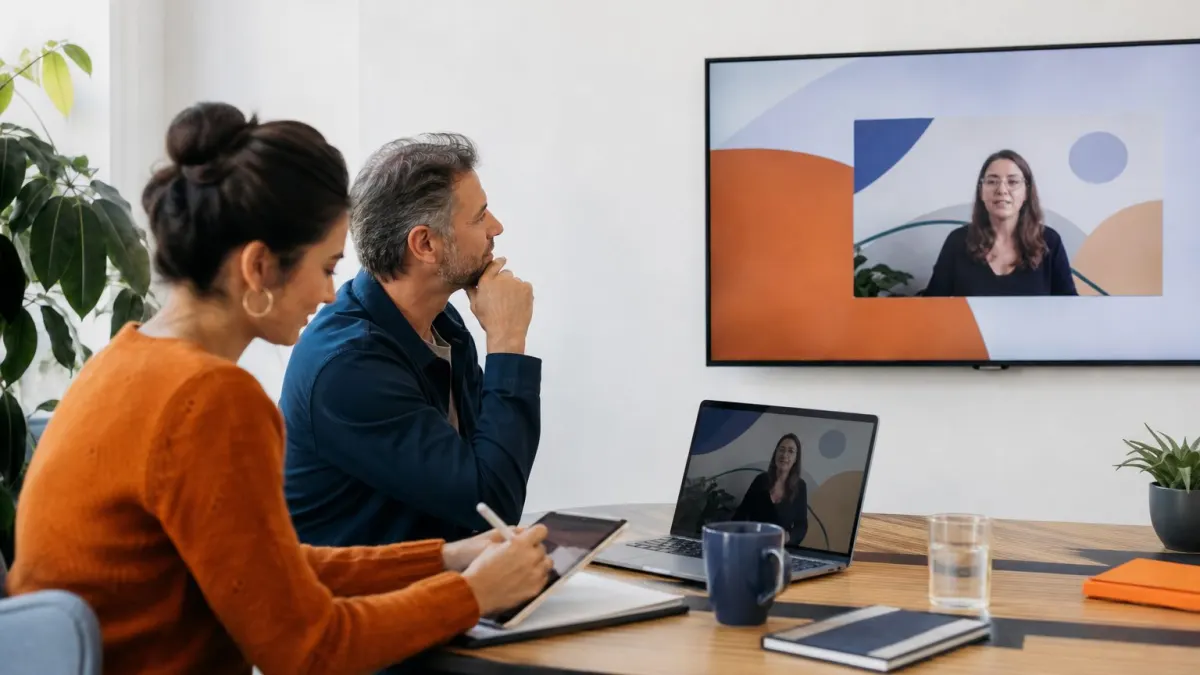 At the client's workplace during the AI training session on Zoom, the consultant appears on a screen and shows Ana (sales) and Tiago (rentals) how to turn a WhatsApp voice note into a structured offer email. A laptop is open to Teams, and the team's screen shows the Copilot prompt.