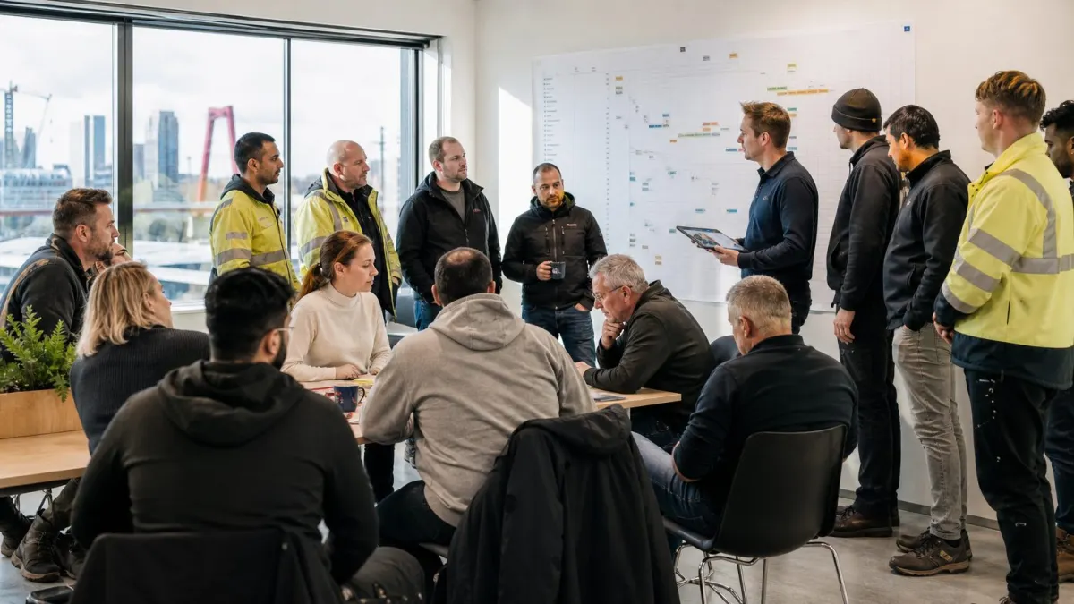 Morning huddle at the Rotterdam office: project managers align with field crews before heading to sites.