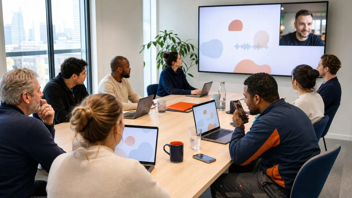 Consultant leads the team through voice-to-report training on Zoom, with field techs testing the mobile app at their own workplace.